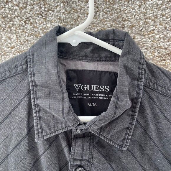Guess Shirt Mens Medium Black Striped Pockets Classiccore Preppy Cotton Logo - Picture 2 of 11